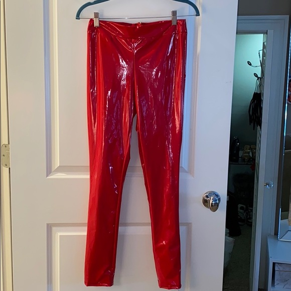 red pu pants